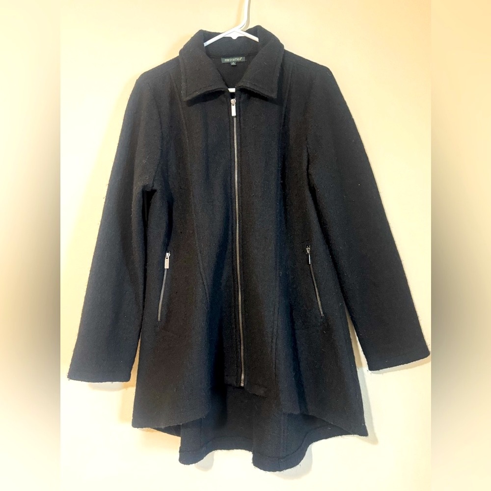 “For Cynthia” black wool zip up coat